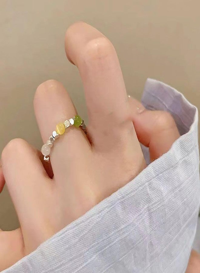 Eviarli Boho Crystal Bead Stretch Ring Beaded Stackable Ring Silver Bead Elastic Finger Ring Rainbow Bead Elastic Ring Handmade Stacking Ring Jewelry for Women (Style A) - Image 2